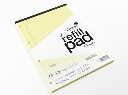 Silvine SEN Refill Pad A4 With Tinted Coloured Papers 100 Page Ruled With Margin 4 Hole Punched Yellow (Pack 6) - A4RPTINY - 28013SC | Sinclairs