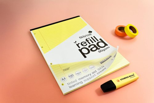 Silvine SEN Refill Pad A4 With Tinted Coloured Papers 100 Page Ruled With Margin 4 Hole Punched Yellow (Pack 6) - A4RPTINY - 28013SC | Sinclairs