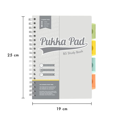 Introducing the ultimate study book designed to enhance your learning and boost your academic success. Packed with a variety of useful tools and features, our study book is your key to effective studying and efficient revision.Inside you'll find a variety of resources to help you get organised and reach your academic goals. Revision is a breeze with our study book including 3 pages of schedules, 4 pages of assignment trackers, 2 pages of grade trackers and 8 exam preparation pages!To further assist you in your revision journey, we've included 5 sheets of colour-coded perforated revision cards, allowing you to quickly review keywords and information. Our study book is the perfect companion for home and campus studying as it is B5 in size, measuring 18.1cm x 25.7cmBut that's not all – we've ensured that our study book is versatile and accommodating to your needs. It includes 40 sheets of lined, squared, and dotted paper, catering to different note-taking preferences. Whether you prefer writing essays, solving math problems, or sketching diagrams, we've got you covered. The study book also has 4 repositionable, colour-coded dividers which can be used to separate subjects, topics, or classes, perfect for organising study notes.Lastly, our study book is made with 80gsm FSC® Certified recycled paper. By choosing this product, you're investing in your academic success and making an eco-friendly choice.So, get ready to revolutionise your study routine and make the most of your learning journey with our study book by your side.