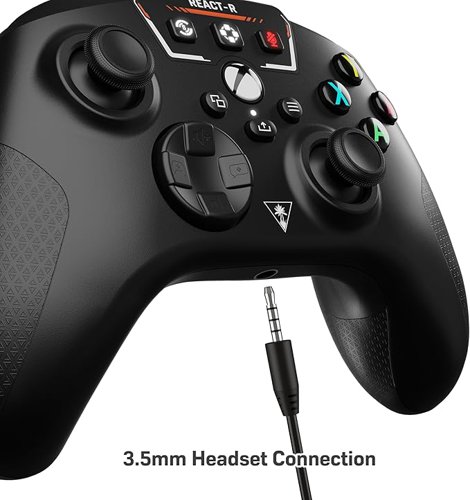 React faster with the Turtle Beach® REACT-R™ Controller for Xbox Series X, Xbox Series S, Xbox One X, Xbox One S & Window PCs. Plug in any 3.5mm headset and instantly upgrade your audio with quick-access controls for exclusive Superhuman Hearing®, game & chat volume balance, and mic mute. Play longer and stay in control thanks to an ergonomic handle shape and textured grips, handles and triggers. Two mappable quick-action buttons on the backside of the controller let you customize your controls for quicker reactions. Feel the rumble of explosions, or the recoil of a gunshot with vibration feedback thanks to dual rumble motors in the handles. Plus, the REACT-R™ Controller is officially licensed by Microsoft for Xbox, so you can count on reliable button presses & smooth thumbstick movements over heavy usage.