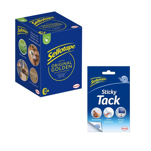 Sellotape Original Easy Tear Extra Sticky Golden Tape (pack of 6), 24mm x 66m, with a FREE 45g pack of Sellotape Sticky Tack.Sticking it all together since 1937, Sellotape Original Golden Sticky Tape is the sticky tape market leader with quality you can trust. 24mm x 66m.Sellotape Original Golden Sticky Tape is the workplace essential for excellence. It provides a strong and long-lasting adhesion and offers an outstanding performance for your everyday taping tasks. Easy to unwind and tear, it ensures a comfortable and seamless application, and its anti-tangle design makes it convenient and very easy to use. The thin and golden tape is clear on application and makes it ideal for sticking all sorts of papers and documents, as well as sealing envelopes in the workplace. Sellotape Original Golden Sticky Tape has a width of 24mm and a length of 66m.Reusable Sticky Tack is an easy solution for removable and repositionable mounting – from decorations to posters, photos or greeting cards. The putty can even be reused whilst maintaining long-lasting stickiness. Strong hold and clean removal. 45g pack.Valid until 30th June