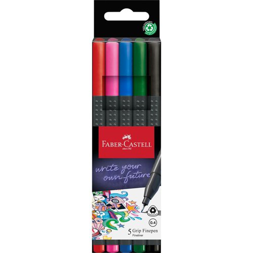 Faber-Castell Fibre-Tip Grip Pen 0.4mm Tip Assorted Basic 56% Recycled Plastic (Pack 5) - 151604