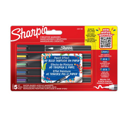 Sharpie Creative Marker Acrylic Paint Markers Water-Based Brush Tip  Assorted Colours (Pack 5) - 2201182