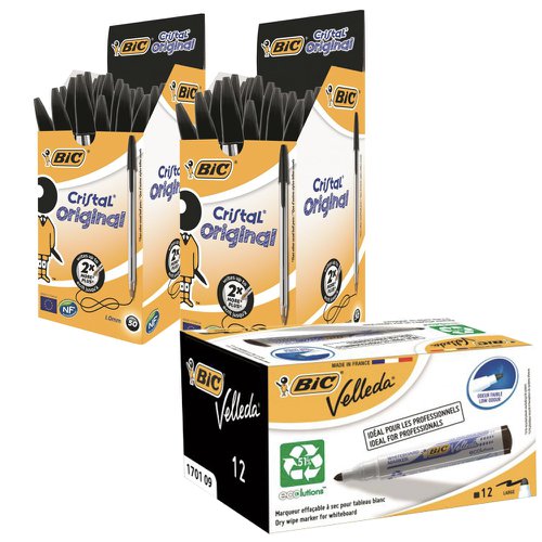 Bic Cristal Ballpen 1mm Tip Black (Pack 50) x 2 FREE Velleda 1701 Whiteboard Marker Bullet Tip 1.5mm Black (Pack 12) - 8373632x2+904937