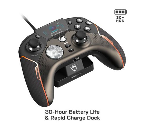 The Turtle Beach® Stealth™ Ultra high-performance wireless smart game controller with charge dock is built for gamers who demand the best. Lag-free wireless quickly connects to Xbox consoles, and Windows PCs, plus Bluetooth® for Android devices & supported Smart TVs. Tactile microswitches throughout provide fast, reliable response and last up to 5X longer than standard buttons, while AntiDrift™ thumbsticks eliminate drift for precise, customizable control and adjustable triggers suit your game on the fly. The Connected Command Display lets you customize the RGB lighting, audio, thumbsticks, mappable buttons and more, plus patented technology receives social notifications from your phone. Best of all, adjustable power modes provide up to 30 hours of battery life on a single charge.