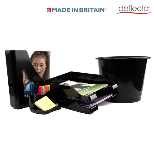 15777DF | Deflecto delivers products that inspire, protect and organise the things you value so you can focus on what you do best.Deflecto really have thought of everything to set up a stunning, yet functional desk space. The letter trays, desk organiser and magazine file create space and order to your work station. The matching 14 litre waste bin finishes off the collection. The collective colour scheme provides an eye catching visual that is perfect for home, office or your new University dorm room.Kit contains: 1 x pen desk tidy, 1 x magazine file organiser, 2 x stacking letter trays, 1 x waste bin - all in the same colour to create a stylish and contemporary workspace