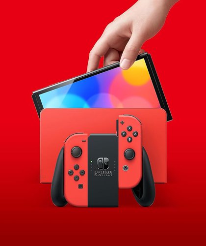 Nintendo Switch - OLED Model is the newest addition to the Nintendo Switch family of consoles. It includes a 7-inch vibrant OLED screen, a wide adjustable stand for tabletop mode, a new dock with a wired LAN port for use in TV mode, 64 GB of internal storage, and enhanced audio for handheld and tabletop play. Just like Nintendo Switch, play on a TV, share the detachable Joy-Con controllers for multiplayer fun, or take the console on the go to enjoy its play-anywhere versatility.Nintendo Switch - OLED Model Mario Red Edition sports the iconic Mario Red colour, including both Joy-Con controllers and Nintendo Switch dock. A silhouette design of Mario jumps into action on the back of the dock. Look closely, and you’ll also find some hidden coins!