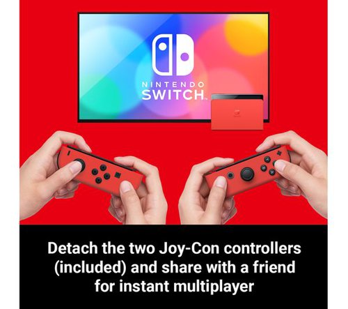 Nintendo Switch - OLED Model is the newest addition to the Nintendo Switch family of consoles. It includes a 7-inch vibrant OLED screen, a wide adjustable stand for tabletop mode, a new dock with a wired LAN port for use in TV mode, 64 GB of internal storage, and enhanced audio for handheld and tabletop play. Just like Nintendo Switch, play on a TV, share the detachable Joy-Con controllers for multiplayer fun, or take the console on the go to enjoy its play-anywhere versatility.Nintendo Switch - OLED Model Mario Red Edition sports the iconic Mario Red colour, including both Joy-Con controllers and Nintendo Switch dock. A silhouette design of Mario jumps into action on the back of the dock. Look closely, and you’ll also find some hidden coins!