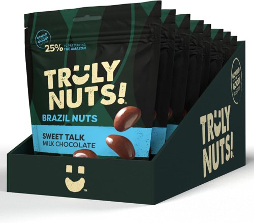 Experience the marriage of unique flavours and sustainability with Truly Nuts! Our nut varieties are more than just a healthy snack; they're a testament to our passion for our planet and its people.It’s easy to talk your way into our hand-picked, wild-harvest, Brazil nuts, persuasively layered with the finest creamy Belgian chocolate.And the selenium in Brazil nuts... it's known to support hair, nails, and immunity, while protecting your cells against oxidative stress.And to keep you feeling the love, with every delicious bite, you activate our GO WILD FOR GOOD!™ pledge to donate 25% OF PROFITS to preserve the Amazon jungle and other global projects. How’s that for positive influence?