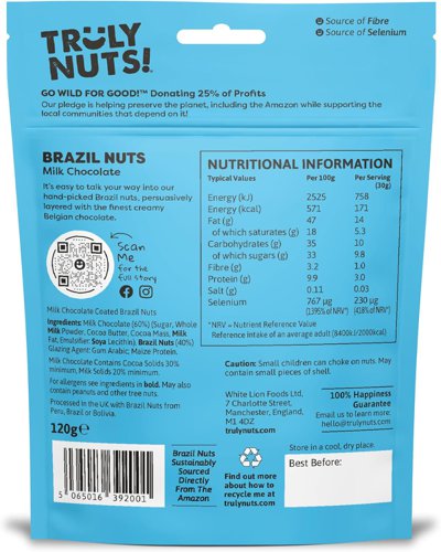 Experience the marriage of unique flavours and sustainability with Truly Nuts! Our nut varieties are more than just a healthy snack; they're a testament to our passion for our planet and its people.It’s easy to talk your way into our hand-picked, wild-harvest, Brazil nuts, persuasively layered with the finest creamy Belgian chocolate.And the selenium in Brazil nuts... it's known to support hair, nails, and immunity, while protecting your cells against oxidative stress.And to keep you feeling the love, with every delicious bite, you activate our GO WILD FOR GOOD!™ pledge to donate 25% OF PROFITS to preserve the Amazon jungle and other global projects. How’s that for positive influence?