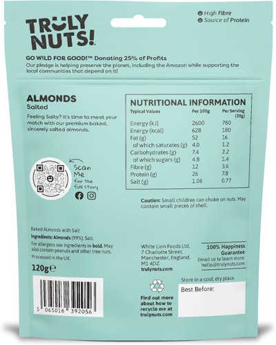 Experience the marriage of unique flavours and sustainability with Truly Nuts! Our nut varieties are more than just a healthy snack; they're a testament to our passion for our planet and its people.It’s easy to talk your way into our hand-picked, wild.It’s time to meet your match with our premium baked, sincerely salted almonds. A familiar crunch will soothe your “hanger” while the sassiest amount of salt drives your taste buds insane.