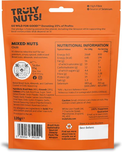 Experience the marriage of unique flavours and sustainability with Truly Nuts! Our nut varieties are more than just a healthy snack; they're a testament to our passion for our planet and its people.It's time to raise the roof for our premium, simply spiced, hot chilli mixed Brazil nuts, almonds, and cashews. This spicy snack packs a tasty punch.