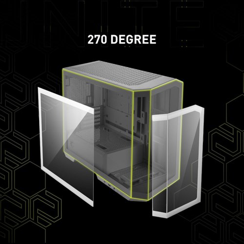 The MAG series fights alongside gamers in pursuit of honour. With added military-inspired elements in these gaming products, they were reborn as the symbol of sturdiness and durability.To meet the desire to show the ARGB PC build, the MAG PANO M100 Series comes with a 270-degree panoramic display, get more enhancement of aesthetically pleasing and cleanliness, supports a back-connect motherboard, and comes with the reverse-blade fan on the side, a 1-to-4 ARGB-PWM control board to let user organize cables easily.Build and display the coolest PC with controllable ARGB lighting.Synergize the MAG PANO M100R PZ series with a compatible MSI motherboard through bridging with a USB 3.2 Gen 2x2 Type-C port for high speed data transmission.