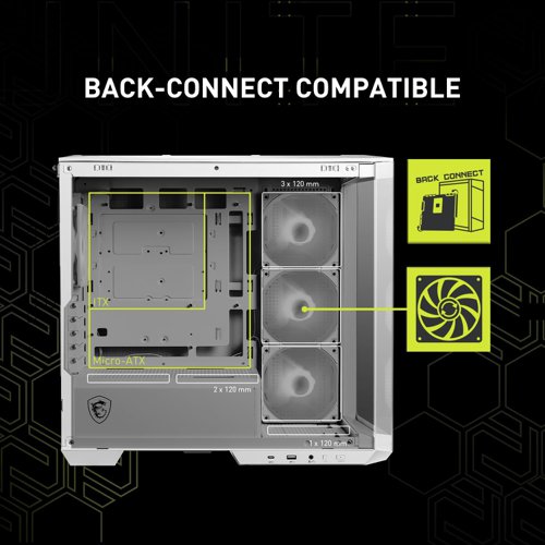 The MAG series fights alongside gamers in pursuit of honour. With added military-inspired elements in these gaming products, they were reborn as the symbol of sturdiness and durability.To meet the desire to show the ARGB PC build, the MAG PANO M100 Series comes with a 270-degree panoramic display, get more enhancement of aesthetically pleasing and cleanliness, supports a back-connect motherboard, and comes with the reverse-blade fan on the side, a 1-to-4 ARGB-PWM control board to let user organize cables easily.Build and display the coolest PC with controllable ARGB lighting.Synergize the MAG PANO M100R PZ series with a compatible MSI motherboard through bridging with a USB 3.2 Gen 2x2 Type-C port for high speed data transmission.