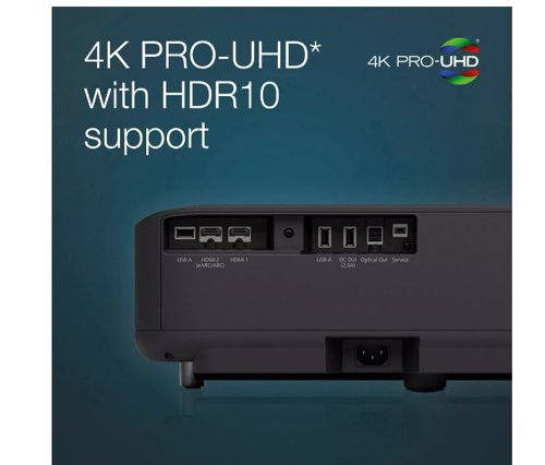 Bring home entertainment to life and project up to 120 inch. This stylish 4K PRO-UHD1 Smart laser projection TV, is part of the expanding EpiqVision Ultra range that comes with Android TV™ and sound by YAMAHA. Upgrade your home entertainment experience with Epson's 4K PRO-UHD1, ultra-short-throw laser projection TV. Its stylish design will fit perfectly into your home, and you can immerse yourself in your favourite shows with Android TV and sound by YAMAHA features. You can enjoy a 61 inch image from just 3.2cm away from the wall, with the option to adjust the distance to achieve up to 120 inch, for the ultimate home cinema experience.The big screen experienceFeel immersed in everything you watch or play with this stylish and affordable 4K PRO-UHD1 projector which can produce up to a 120 inch image placed close to the wall. Bringing the screen to life, 3LCD technology achieves a display that is up to three times brighter than competitor products. Ideal for gaming, with under 20ms lag time.Smart home entertainmentAndroid TV offers thousands of movies, shows and games from Google Play, Amazon Prime Video, YouTube and other favourite apps. Built in speakers with sound by YAMAHA produce a stunning dynamic audio and 3D surround sound, which can be used with and without visual display. Simply select the visual display to mute, or you can connect via Bluetooth to use as a standalone speaker to play your favourite music.