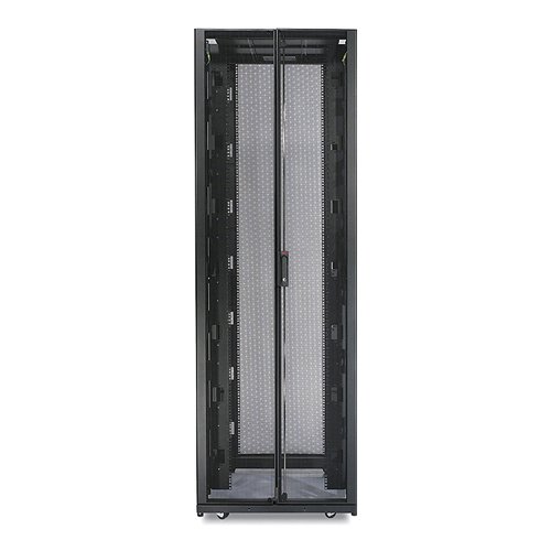 8APAR3150 | Rack enclosures with advanced cooling, power distribution, and cable management for server and networking applications in IT environments. An industry standard server rack ready for medium to high density environments with height designed to easily fit through standard doorways. Wide rack design allows for additional space beside the vertical mounting rails for passing cabling from front-to-back in the enclosure. It provides plenty of clearance at the back for Rack PDUs and cable managers not to interfere with IT device hot swappable components. The width is ideal for converged and hyperconverged IT which include a mix of server, storage, and network switches all in one rack.