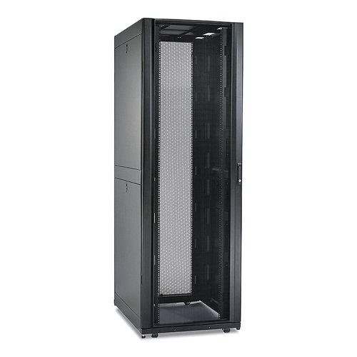 8APAR3150 | Rack enclosures with advanced cooling, power distribution, and cable management for server and networking applications in IT environments. An industry standard server rack ready for medium to high density environments with height designed to easily fit through standard doorways. Wide rack design allows for additional space beside the vertical mounting rails for passing cabling from front-to-back in the enclosure. It provides plenty of clearance at the back for Rack PDUs and cable managers not to interfere with IT device hot swappable components. The width is ideal for converged and hyperconverged IT which include a mix of server, storage, and network switches all in one rack.