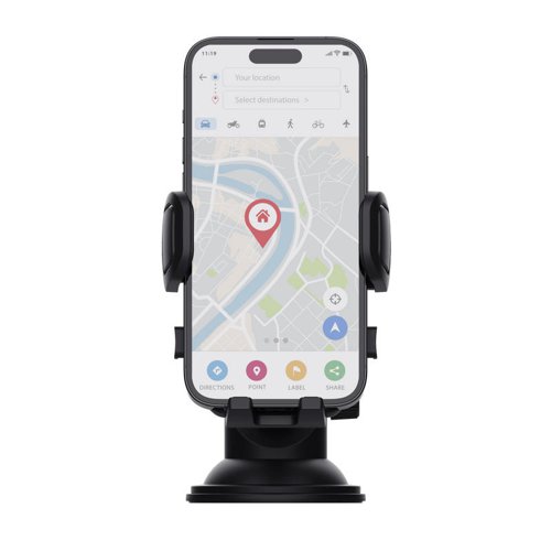 8TR24984 | Car phone holder with windshield mount, for hands-free calling.With a strong suction cup mount with adhesive padding, this phone holder has a firm grip on your windshield or dashboard so you don’t need to stress about it falling off while you’re on the move.Good for you and your phone, the Runo offers easy access to your phone’s buttons and charge port. You can also use it single-handedly, with a quick release cradle button that allows you to pop your phone out as soon as you’re done.You get a seatbelt, your phone gets the Runo! Your phone deserves to travel just as safely as you do, so rubber side grips firmly hold all 55-100mm wide phones and ensure a smooth and secure ride.The road might have twists and turns, so the Runo can twist and turn – a rotatable, tiltable ball-joint hinge enables you to adjust the angle to suit your view, whilst an extendable design helps you get your phone within reach for easy navigation.