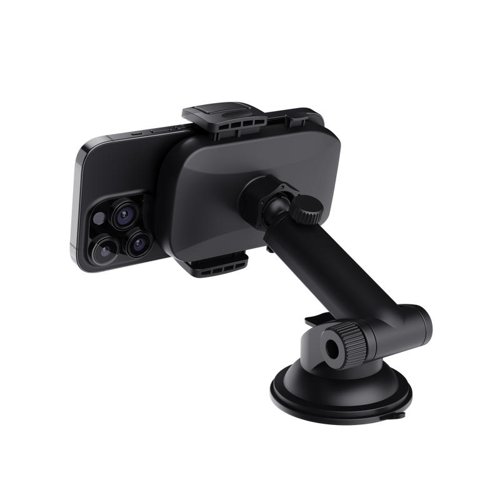 8TR24984 | Car phone holder with windshield mount, for hands-free calling.With a strong suction cup mount with adhesive padding, this phone holder has a firm grip on your windshield or dashboard so you don’t need to stress about it falling off while you’re on the move.Good for you and your phone, the Runo offers easy access to your phone’s buttons and charge port. You can also use it single-handedly, with a quick release cradle button that allows you to pop your phone out as soon as you’re done.You get a seatbelt, your phone gets the Runo! Your phone deserves to travel just as safely as you do, so rubber side grips firmly hold all 55-100mm wide phones and ensure a smooth and secure ride.The road might have twists and turns, so the Runo can twist and turn – a rotatable, tiltable ball-joint hinge enables you to adjust the angle to suit your view, whilst an extendable design helps you get your phone within reach for easy navigation.