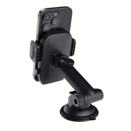 8TR24984 | Car phone holder with windshield mount, for hands-free calling.With a strong suction cup mount with adhesive padding, this phone holder has a firm grip on your windshield or dashboard so you don’t need to stress about it falling off while you’re on the move.Good for you and your phone, the Runo offers easy access to your phone’s buttons and charge port. You can also use it single-handedly, with a quick release cradle button that allows you to pop your phone out as soon as you’re done.You get a seatbelt, your phone gets the Runo! Your phone deserves to travel just as safely as you do, so rubber side grips firmly hold all 55-100mm wide phones and ensure a smooth and secure ride.The road might have twists and turns, so the Runo can twist and turn – a rotatable, tiltable ball-joint hinge enables you to adjust the angle to suit your view, whilst an extendable design helps you get your phone within reach for easy navigation.