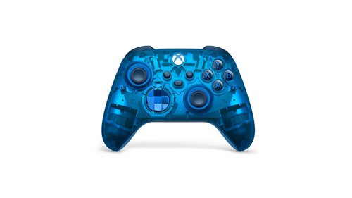 Experience the Xbox Wireless Controller - Sky Cipher Special Edition featuring a transparent blue design, silver interior, metallic features and more.Look through the blue transparent top case and side caps to see metallic, silver interior parts shine through from inside.