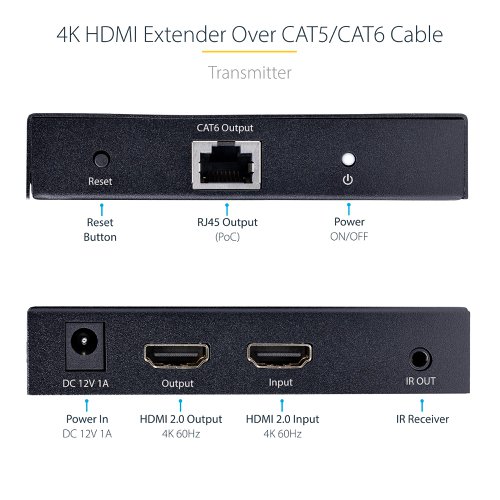 8ST10377936 | This HDMI® Extender transmits a 4K 60Hz HDMI audio video signal up to 230ft (70m) over Category 5e/6 Ethernet Cabling. The converter kit includes the transmitter and receiver units for a complete point-to-point solution.4K 60Hz ResolutionThis HDMI extender supports resolutions of up to 4K 60Hz with zero latency over a single Ethernet cable. The UHD HDMI Extender supports HDMI 2.0 and 4:4:4 chroma subsampling, which ensures clear and stable video output.Power-Over-CableConnect the power adapter to the transmitter or receiver to power both units, using Power-over-Cable (PoC). Use an IR remote control to communicate with the source device, from the location of the receiver unit, using the IR extension kit.Versatile Installation OptionsThe 4K HDMI Extender features an HDMI output on the transmitter unit, enabling the connection of an HDMI display or to connect additional video extenders - to establish a cascade connection. Plug-and-play installation with no additional software or drivers required. Attach the mounting brackets to the metal housing and to a wall, ceiling, or to the underside of a table, facilitating a multitude of professional installation options. The rubber feet protect the mounting surface and isolate the units from vibration.This product is backed for 2-years, including free lifetime 24/5 multi-lingual technical assistance.