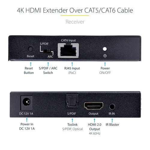 8ST10377936 | This HDMI® Extender transmits a 4K 60Hz HDMI audio video signal up to 230ft (70m) over Category 5e/6 Ethernet Cabling. The converter kit includes the transmitter and receiver units for a complete point-to-point solution.4K 60Hz ResolutionThis HDMI extender supports resolutions of up to 4K 60Hz with zero latency over a single Ethernet cable. The UHD HDMI Extender supports HDMI 2.0 and 4:4:4 chroma subsampling, which ensures clear and stable video output.Power-Over-CableConnect the power adapter to the transmitter or receiver to power both units, using Power-over-Cable (PoC). Use an IR remote control to communicate with the source device, from the location of the receiver unit, using the IR extension kit.Versatile Installation OptionsThe 4K HDMI Extender features an HDMI output on the transmitter unit, enabling the connection of an HDMI display or to connect additional video extenders - to establish a cascade connection. Plug-and-play installation with no additional software or drivers required. Attach the mounting brackets to the metal housing and to a wall, ceiling, or to the underside of a table, facilitating a multitude of professional installation options. The rubber feet protect the mounting surface and isolate the units from vibration.This product is backed for 2-years, including free lifetime 24/5 multi-lingual technical assistance.