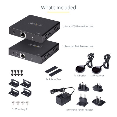 8ST10377936 | This HDMI® Extender transmits a 4K 60Hz HDMI audio video signal up to 230ft (70m) over Category 5e/6 Ethernet Cabling. The converter kit includes the transmitter and receiver units for a complete point-to-point solution.4K 60Hz ResolutionThis HDMI extender supports resolutions of up to 4K 60Hz with zero latency over a single Ethernet cable. The UHD HDMI Extender supports HDMI 2.0 and 4:4:4 chroma subsampling, which ensures clear and stable video output.Power-Over-CableConnect the power adapter to the transmitter or receiver to power both units, using Power-over-Cable (PoC). Use an IR remote control to communicate with the source device, from the location of the receiver unit, using the IR extension kit.Versatile Installation OptionsThe 4K HDMI Extender features an HDMI output on the transmitter unit, enabling the connection of an HDMI display or to connect additional video extenders - to establish a cascade connection. Plug-and-play installation with no additional software or drivers required. Attach the mounting brackets to the metal housing and to a wall, ceiling, or to the underside of a table, facilitating a multitude of professional installation options. The rubber feet protect the mounting surface and isolate the units from vibration.This product is backed for 2-years, including free lifetime 24/5 multi-lingual technical assistance.