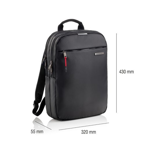 56748PL | Compact black laptop backpack made of durable and lightweight materialsThis high-quality backpack is designed for the modern urban user who seeks style and functionality in everyday activities. With a capacity of 13 litres and dimensions of 320 x 430 x 55 mm, it provides optimal space for essentials, while the lightweight yet durable materials ensure long-lasting use. The backpack is made of premium polyester with a water-resistant coating, making it resilient to all weather conditions. With a modern urban design that perfectly fits the dynamic city lifestyle, the backpack can also be easily attached to a suitcase, making it ideal for business trips or short getaways. 