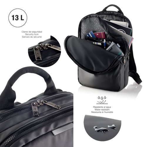 56748PL | Compact black laptop backpack made of durable and lightweight materialsThis high-quality backpack is designed for the modern urban user who seeks style and functionality in everyday activities. With a capacity of 13 litres and dimensions of 320 x 430 x 55 mm, it provides optimal space for essentials, while the lightweight yet durable materials ensure long-lasting use. The backpack is made of premium polyester with a water-resistant coating, making it resilient to all weather conditions. With a modern urban design that perfectly fits the dynamic city lifestyle, the backpack can also be easily attached to a suitcase, making it ideal for business trips or short getaways. 