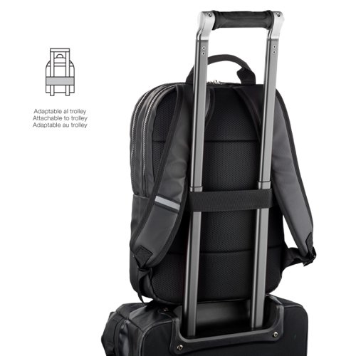 56748PL | Compact black laptop backpack made of durable and lightweight materialsThis high-quality backpack is designed for the modern urban user who seeks style and functionality in everyday activities. With a capacity of 13 litres and dimensions of 320 x 430 x 55 mm, it provides optimal space for essentials, while the lightweight yet durable materials ensure long-lasting use. The backpack is made of premium polyester with a water-resistant coating, making it resilient to all weather conditions. With a modern urban design that perfectly fits the dynamic city lifestyle, the backpack can also be easily attached to a suitcase, making it ideal for business trips or short getaways. 