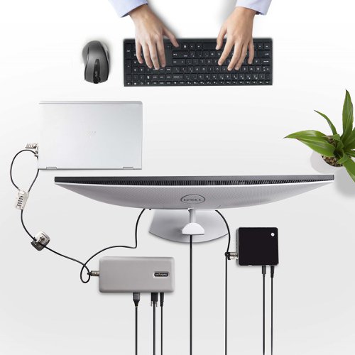 8ST10446902 | The Computer and Peripheral Locking Kit is a versatile solution to deter the theft of K-slot devices. Secure a workstation and up to three peripherals to a single anchor point. Eliminate the need to rearrange desk setups for secure device placement using the 3m (10ft) long cut-resistant steel cable.Semi-Permanent Lock HeadsThis desktop security kit includes three semi-permanent lock heads tailored to devices that don't require regular detachment, such as multi-monitor setups, docking stations, test equipment, and other peripherals.Removable Combination Lock HeadsThe combination K-slot lock enables quick removal, for devices that need to be removed on a regular basis (e.g., laptops, drives, and other portable devices) while the semi-permanent lock heads remain in place.Safety lock kit is ideal for libraries, healthcare facilities, points of sale, retail stores, hot desk setups, classrooms, tradeshows, and other public spaces. Combine the kit with additional accessories (sold separately) to secure other peripherals such as video adapters (CONNLOCKPK10), mice and keyboards (CABLE-ORGANIZER-LOCK), tablets (KSLTAD), and additional K-slot devices (BRNCHLOCK).Combination LockSet a personalized 4-digit combination code with 10,000 possible combinations for the single tether point and the removable locking head.Widely CompatibleThe versatile security lock is not limited to laptops/notebooks or desktops. Use this lock to secure K-slot compatible devices such as docking stations, monitors, printers, SFF computers, projectors, oscilloscopes, demo units, or other office and lab equipment. Spacers of varying thicknesses (0.4/0.8/1.5mm) are included to provide a better device fit.Full-Motion Lock DesignThe 0.7in (18.1 mm) diameter lock head features a design that allows the computer lock head to rotate 360°. This flexibility minimizes stress on the security slot and increases durability and usability.