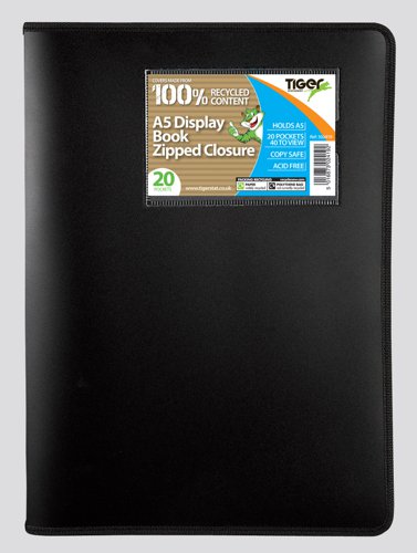 Tiger Zipped Display Book 20 Pocket A5 Black - 302419