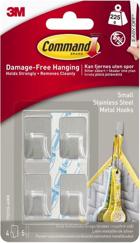 3M Command Small Stainless Steel Metal Hooks With Command Adhesive Strips (Pack 4) - 7100191582