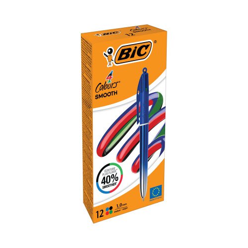 Bic 4 Colours Smooth Pro Blue Gradient Barrel Ballpoint Pen 1.0mm Tip 0.32mm Line Black/Blue/Green/Red Ink (Pack 12) - 524091