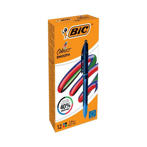 Bic 4 Colours Smooth Black Barrel Ballpoint Pen 1.0mm Tip 0.32mm Line Black/Blue/Green/Red Ink (Pack 12) - 524095