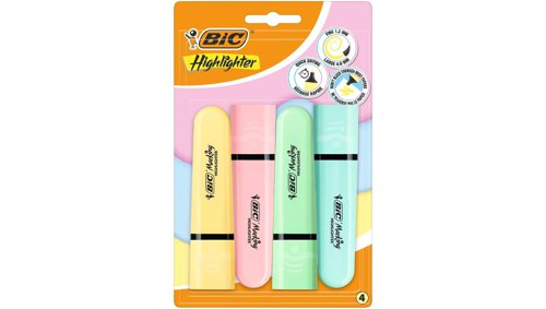 Bic Tank Highlighters Chisel Tip 1.2mm Pastel Yellow Pink Green & Blue Colours (Pack 4) - 517953