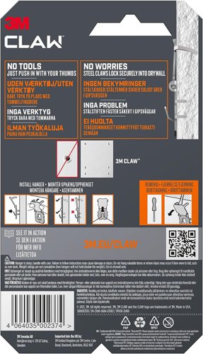 3M CLAW Picture Hanger For Plasterboard Stainless Steel Holds Up To 30Kg (Pack 2) - 7100269195