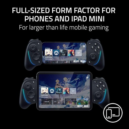 Full-sized Form for Phones and iPad Mini - Console gaming form factor meets Mobile Gaming convenience - Game directly on your phone or unlock new levels of mobile gaming with tablets up to 8-inches for a view worthy of the best AAA games.Pro-Grade Console Controls & Ergonomics on Mobile - Dominate Mobile Gaming with the esports-grade performance and comfort of Razer’s Pro console controllers - Featuring Mecha-tactile 8-way d-pad & action buttons, Hall Effect triggers, programmable buttons, and ultra-durable TPSiV analog sticks.Razer Sensa HD Haptics and Chroma RGB - Experience high-fidelity haptics that are stronger, more detailed, and more nuanced than traditional console controller vibrations, complete with dynamic addressable Chroma RGB lighting.Seamless Connectivity and Convenience - Enjoy low-latency gaming and smooth audio with plug-and-play convenience - Power your device as you game with passthrough charging via USB-C and get to the action fast by keeping your phone in its case - 3,5 mm audio jack for fitting headsets.Powered by the Razer Nexus App - Launch your games, customize your controls, record and share gameplay, and keep your Kishi Ultra updated with an app that can be brought up at the touch of a dedicated button (Razer Nexus does not require a fee/subscription, some apps within Razer Nexus do).Virtual Controller Mode - Use Virtual Controller Mode to remap touch screen controls to the Kishi Ultra, adding controller compatibility to many of the biggest mobile games (Feature available for Android devices only).