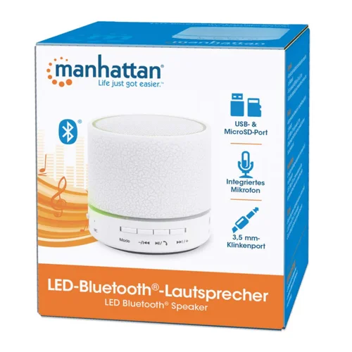 Manhattan LED Bluetooth Speaker - Multicoloured LED; Up to 5 Hours Playback Time; 10m Range; Aux 3.5mm Connector Speakers 8MAN165303