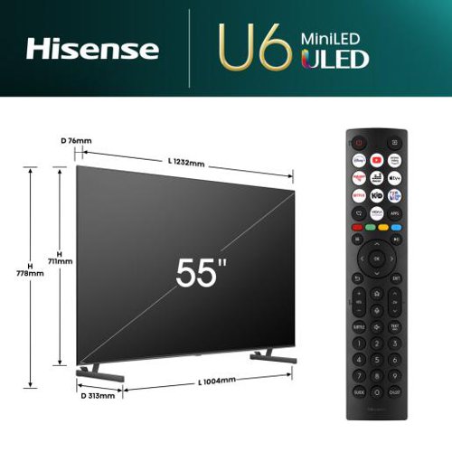 Hisense U6N 55 Inch 3840 x 2160 Pixels 4K Ultra HD HDMI USB Bluetooth Mini LED Smart TV