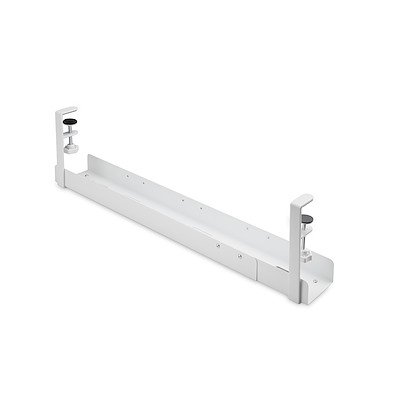 8ST10446461 | This under-desk cable management tray helps keep workspaces organized and free of clutter, reducing the risk of tripping hazards and tangled cords.The extra-large tray is 4.1inches (105mm) wide and has additional headspace between the desk and the tray to accommodate larger power adapters or power bars/strips.The cable manager tray is length adjustable, offering three different lengths (2.6ft, 3.3ft, and 3.9ft / 0.8m, 1m, and 1.2m) to match the desk size and distance cables need to be routed. All necessary hardware for length adjustment and product installation is included.This cable organizer works with desks of any material, including wood, glass, and metal, from 0.2inches (5mm) to 2inches (50mm) thick. Cable management slots improve accessibility and enhance workspace aesthetics by keeping cords neatly routed, contributing to better airflow.The organizer tray features a clamp-on installation, allowing for a tool-free setup with no drilling required. This makes it ideal for quick repositioning without damaging the desk. Foam padding protects the desk surface, while rubber on the clamp prevents slipping when attached.Built from powder-coated steel, the tray is durable and resistant to scuffs and damage. It remains stable even when fully extended over long periods of time. The ISTA-6 certified packaging ensures the product can withstand various transportation conditions and handling processes.