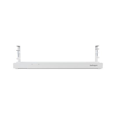 8ST10446461 | This under-desk cable management tray helps keep workspaces organized and free of clutter, reducing the risk of tripping hazards and tangled cords.The extra-large tray is 4.1inches (105mm) wide and has additional headspace between the desk and the tray to accommodate larger power adapters or power bars/strips.The cable manager tray is length adjustable, offering three different lengths (2.6ft, 3.3ft, and 3.9ft / 0.8m, 1m, and 1.2m) to match the desk size and distance cables need to be routed. All necessary hardware for length adjustment and product installation is included.This cable organizer works with desks of any material, including wood, glass, and metal, from 0.2inches (5mm) to 2inches (50mm) thick. Cable management slots improve accessibility and enhance workspace aesthetics by keeping cords neatly routed, contributing to better airflow.The organizer tray features a clamp-on installation, allowing for a tool-free setup with no drilling required. This makes it ideal for quick repositioning without damaging the desk. Foam padding protects the desk surface, while rubber on the clamp prevents slipping when attached.Built from powder-coated steel, the tray is durable and resistant to scuffs and damage. It remains stable even when fully extended over long periods of time. The ISTA-6 certified packaging ensures the product can withstand various transportation conditions and handling processes.