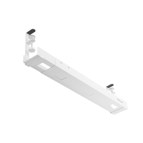 8ST10446461 | This under-desk cable management tray helps keep workspaces organized and free of clutter, reducing the risk of tripping hazards and tangled cords.The extra-large tray is 4.1inches (105mm) wide and has additional headspace between the desk and the tray to accommodate larger power adapters or power bars/strips.The cable manager tray is length adjustable, offering three different lengths (2.6ft, 3.3ft, and 3.9ft / 0.8m, 1m, and 1.2m) to match the desk size and distance cables need to be routed. All necessary hardware for length adjustment and product installation is included.This cable organizer works with desks of any material, including wood, glass, and metal, from 0.2inches (5mm) to 2inches (50mm) thick. Cable management slots improve accessibility and enhance workspace aesthetics by keeping cords neatly routed, contributing to better airflow.The organizer tray features a clamp-on installation, allowing for a tool-free setup with no drilling required. This makes it ideal for quick repositioning without damaging the desk. Foam padding protects the desk surface, while rubber on the clamp prevents slipping when attached.Built from powder-coated steel, the tray is durable and resistant to scuffs and damage. It remains stable even when fully extended over long periods of time. The ISTA-6 certified packaging ensures the product can withstand various transportation conditions and handling processes.