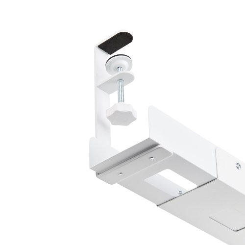 8ST10446461 | This under-desk cable management tray helps keep workspaces organized and free of clutter, reducing the risk of tripping hazards and tangled cords.The extra-large tray is 4.1inches (105mm) wide and has additional headspace between the desk and the tray to accommodate larger power adapters or power bars/strips.The cable manager tray is length adjustable, offering three different lengths (2.6ft, 3.3ft, and 3.9ft / 0.8m, 1m, and 1.2m) to match the desk size and distance cables need to be routed. All necessary hardware for length adjustment and product installation is included.This cable organizer works with desks of any material, including wood, glass, and metal, from 0.2inches (5mm) to 2inches (50mm) thick. Cable management slots improve accessibility and enhance workspace aesthetics by keeping cords neatly routed, contributing to better airflow.The organizer tray features a clamp-on installation, allowing for a tool-free setup with no drilling required. This makes it ideal for quick repositioning without damaging the desk. Foam padding protects the desk surface, while rubber on the clamp prevents slipping when attached.Built from powder-coated steel, the tray is durable and resistant to scuffs and damage. It remains stable even when fully extended over long periods of time. The ISTA-6 certified packaging ensures the product can withstand various transportation conditions and handling processes.