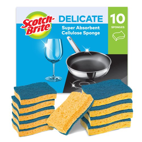 Scotch-Brite® Delicate Non-Sctratch Cellulose Scrub Sponge, 10 pieces - highly absorbent scourer ideal for everyday cleaning tasks