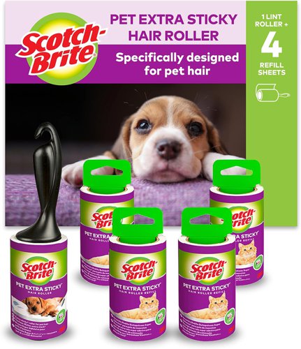 Scotch-Brite™ Pet Extra Sticky* Hair Roller 48 sheets + 4 Scotch-Brite™ Pet Extra Sticky* Hair Roller Refill 48 sheets, 5/Pack - EU1