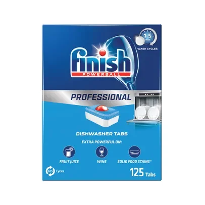 Finish Powerball Professional Dishwasher Tablets can be used in 1-5 minute short cycles, making them an excellent choice for busy environments without compromising on cleaning power. Delivers powerful dish and glass cleaning, even in the toughest conditions. 125 Professional cleaning tablets per pack.