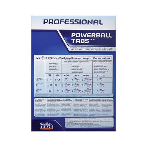 Finish Powerball Professional Dishwasher Tablets can be used in 1-5 minute short cycles, making them an excellent choice for busy environments without compromising on cleaning power. Delivers powerful dish and glass cleaning, even in the toughest conditions. 125 Professional cleaning tablets per pack.