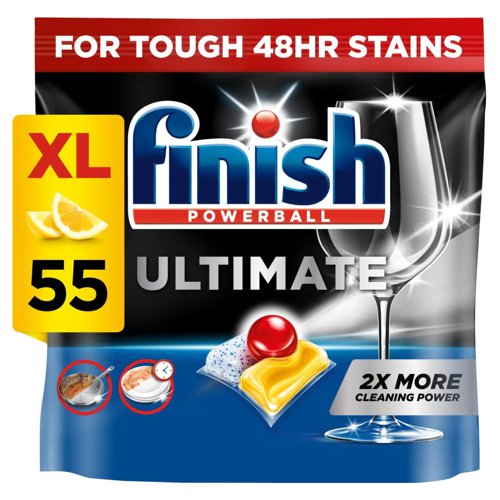 Finish Ultimate All In One, bringing our ultimate clean and shine to your dishwasher. 3 fast-dissolving chambers to deliver results even in eco-cycle. Our new formula degreases, targets stuck on food with the power action of scrubbing and the Finish liquid powerball delivers our ultimate shine. 100% water soluble, biodegradable wrapper-free film and a fully recyclable tub. 14 power actions delivering a superior clean and shine performance to finish the job first time.